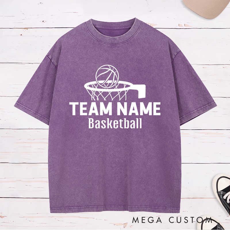 Personalized Washed T-Shirt Design Featuring a Basketball Hoop Graphic with Customizable Team Name and Basketball Text