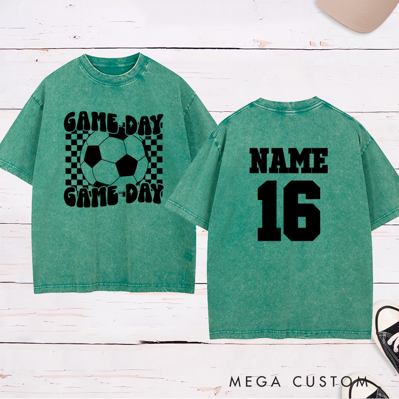 Personalized Game Day Soccer Washed T-Shirt with Bold Checkerboard Design and Custom Name and Number