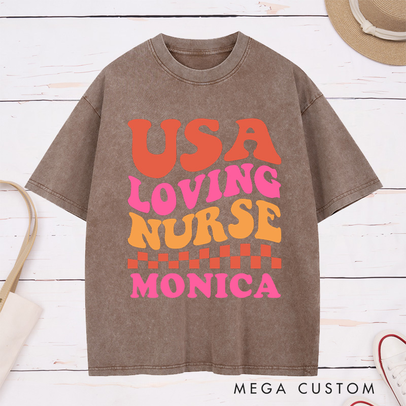 Personalized Nurse Washed T-Shirt Customized USA Loving Nurse Design Washed T-Shirt 