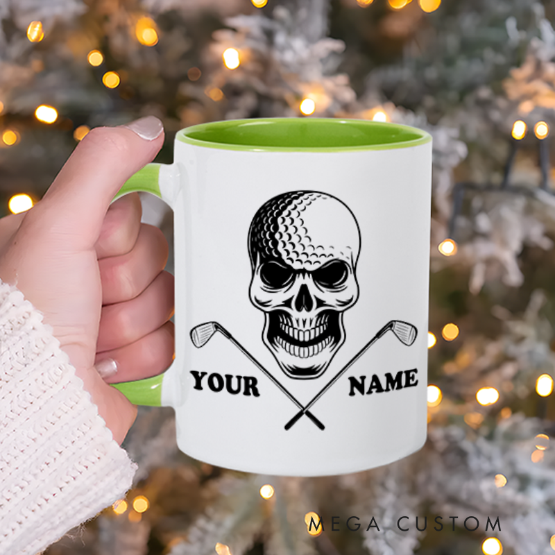 Personalized Skull Golf Mug with Custom Name and Crossed Clubs Design Perfect Gift for Golf Enthusiasts