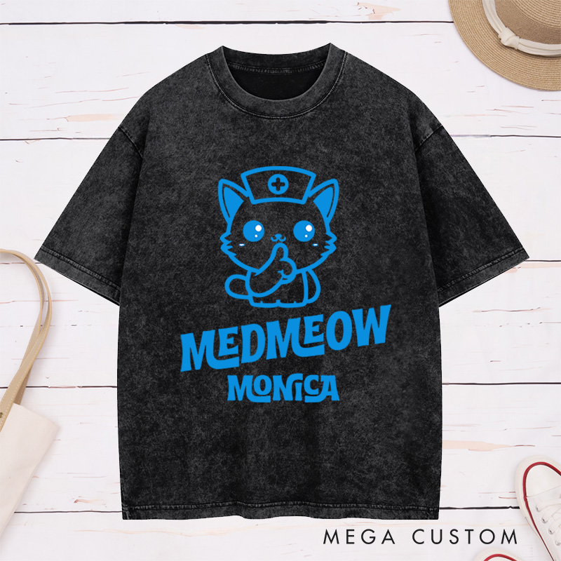 Personalized Nurse Washed T-Shirt Customized Nurse Cat Design Washed T-Shirt 