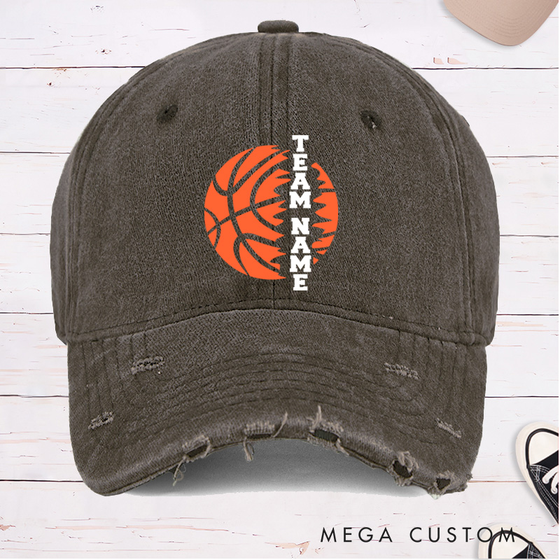 Personalized Distressed Denim Basketball Cap with Vertical Custom Team Name Design