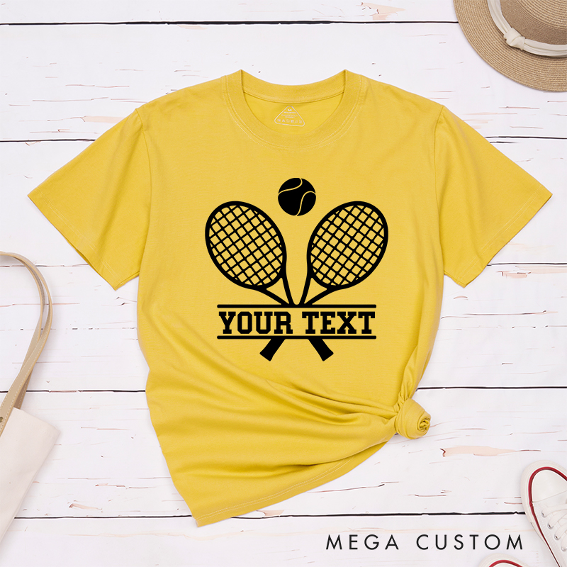 Personalized Tennis T-Shirt with Crossed Rackets Design and Custom Text