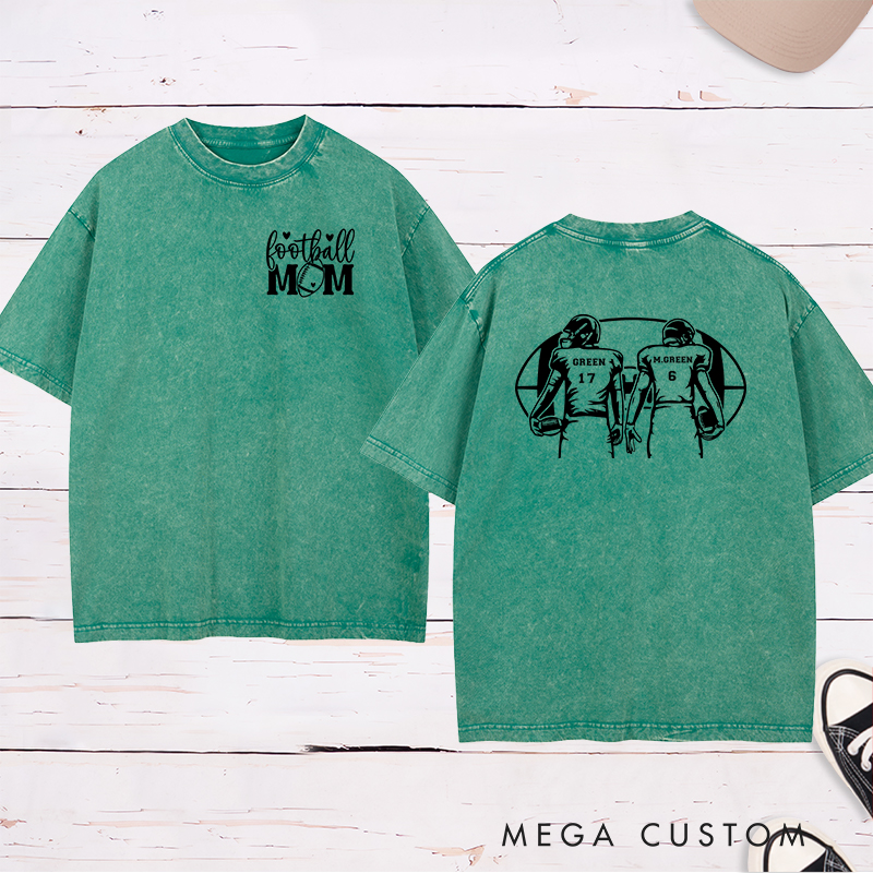 Personalized American Football Mom Washed T-Shirts with Custom 2 Player Name and Number