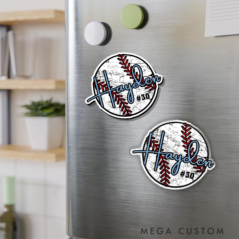 Personalized Cracked Baseball Fridge Magnet with Custom Name and Jersey Number  