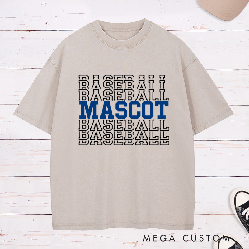 Personalized Baseball Washed T-Shirt Featuring Team Name and Repeating Text Pattern