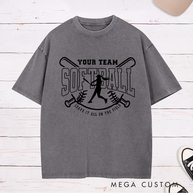 Softball Team Washed T-Shirt Featuring Customizable Team Name Player Silhouette and Motivational Slogan Design
