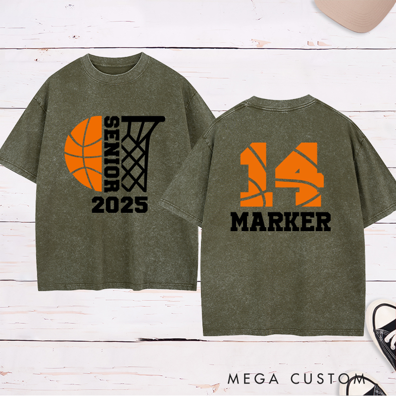 Personalized Washed T-Shirt Design Featuring Customizable Year Basketball Theme with Custom Name and Number for a Sporty Graduation Style