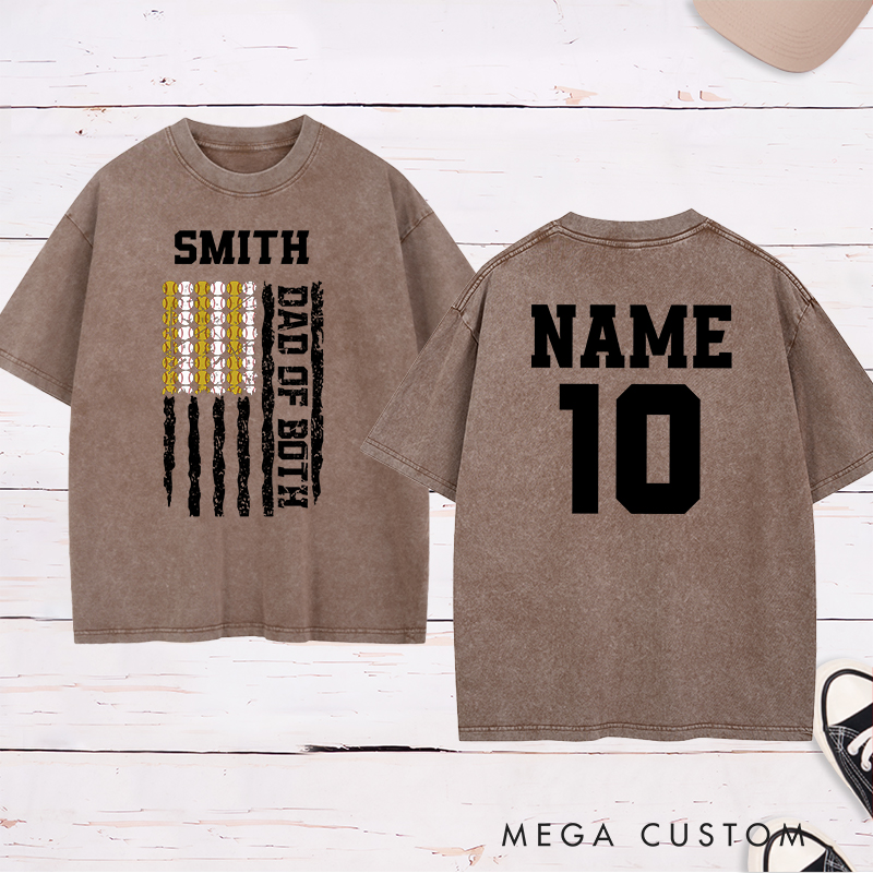 Personalized Dad of Both Washed  T-Shirt with Custom Name and Dual Sports Design Perfect Gift for Proud Softball and Baseball Dads