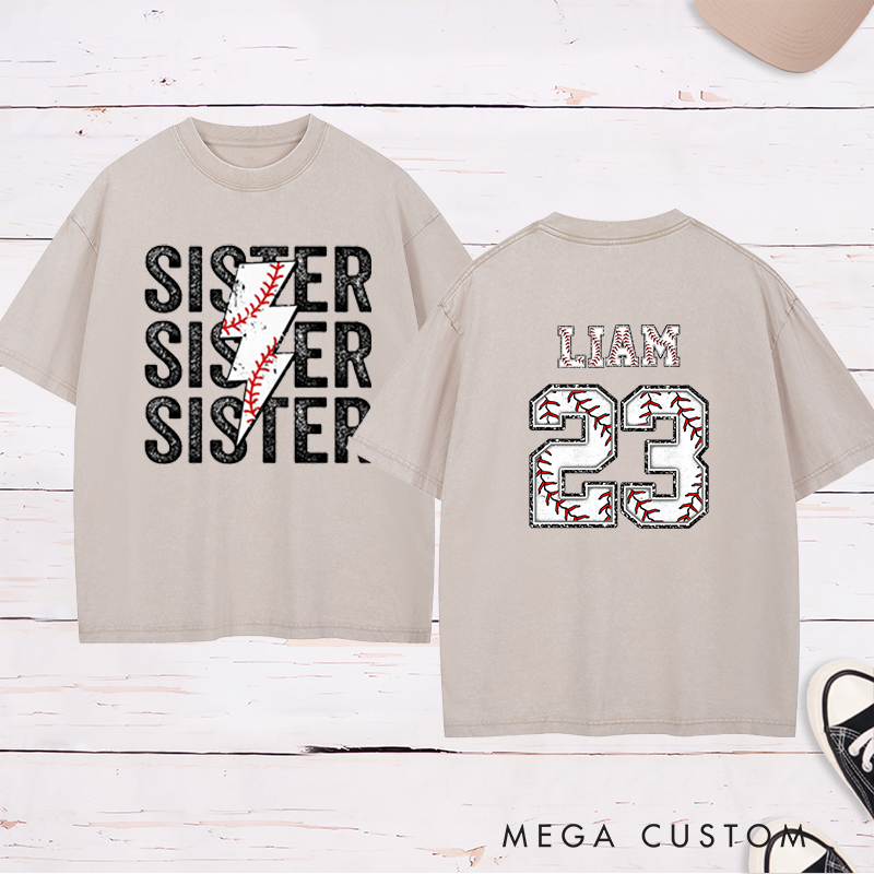 Personalized Baseball Sister Washed T-Shirt with Lightning Stitch Design and Custom Name and Number