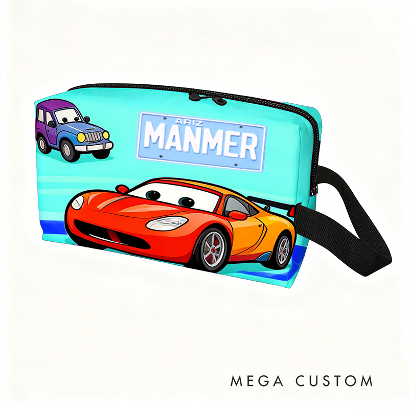 Personalized Cartoon Car Toiletry Bag with Custom Name Gift for Kids Cartoon Collectors