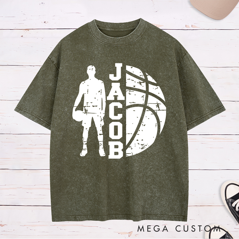 Personalized Washed T-Shirt Design Featuring a Distressed Basketball Player Silhouette with Customizable Vertical Name and Bold Graphic Style