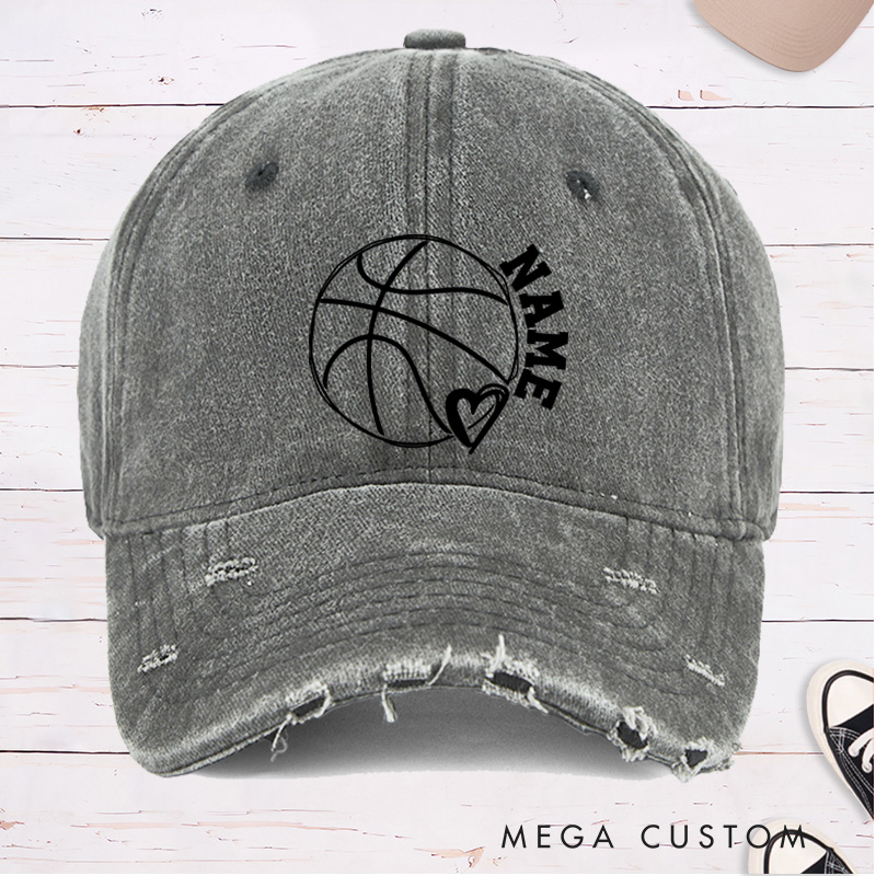 Personalized Distressed Denim Basketball Cap with Custom Name Heart and Basketball Graphic Design