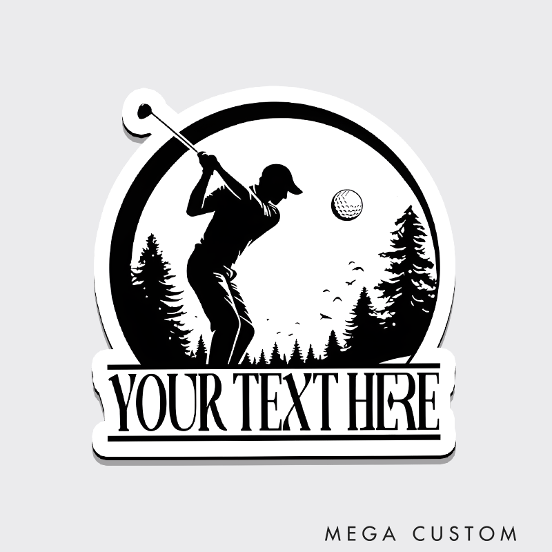 Personalized Golf Refrigerator Magnet with Custom Text Golfer Silhouette and Scenic Background Design