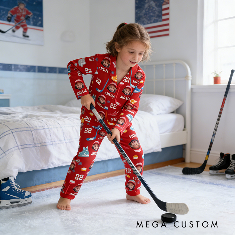Personalized Kids Photo Hockey Pajamas with Costom Photo and Name for Hockey Fans