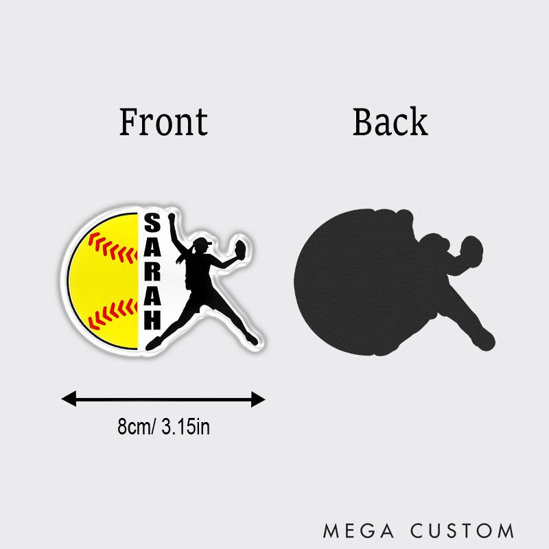 Personalized Softball Refrigerator Magnet with Custom Name Vertical Text and Player Silhouette Design