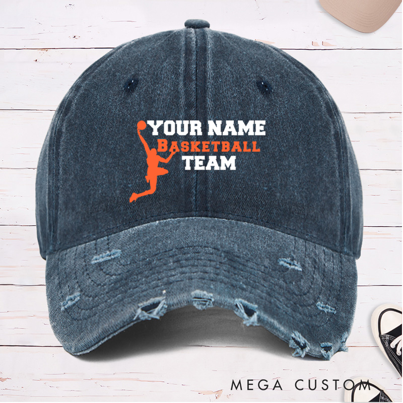 Personalized Distressed Denim Basketball Cap with Custom Name and Team Name Design