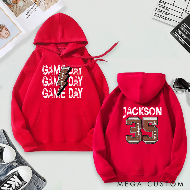 Personalized "Game Day" Football Hoodie with Custom Name and Number Design
