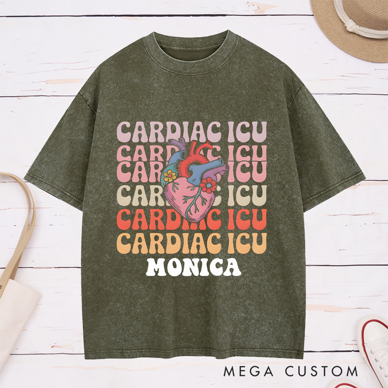 Personalized Nurse Washed T-Shirt Customized Cardiac ICU Design Washed T-Shirt 