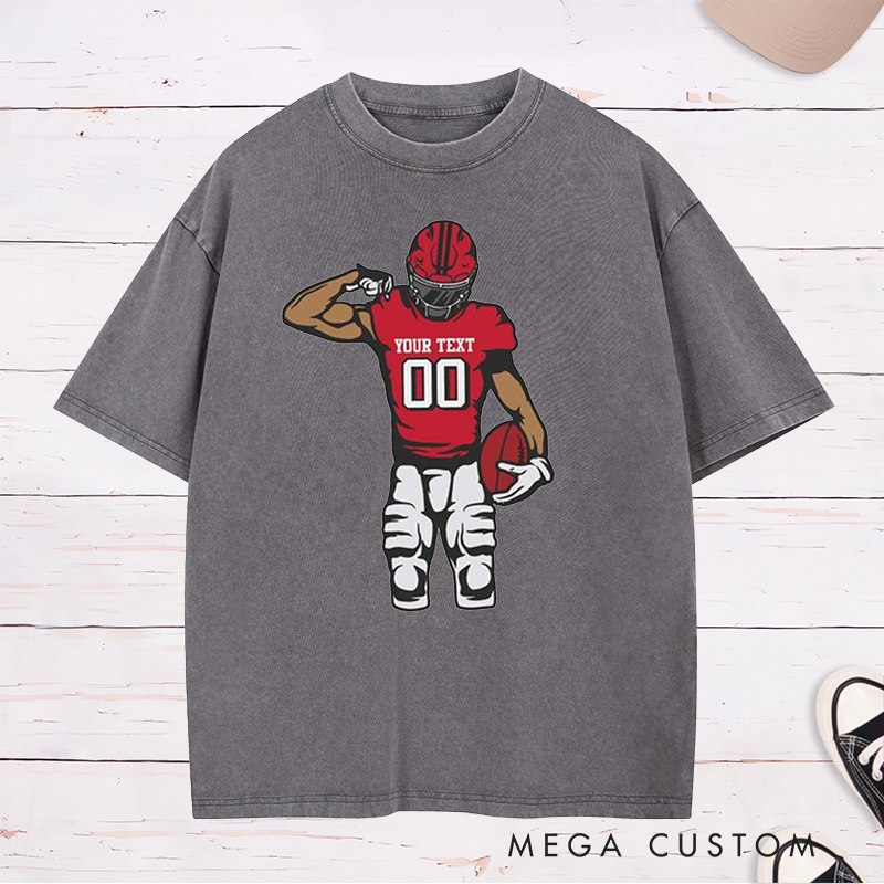 Personalized American Football Washed T-Shirts Featuring Custom Name and Number on the Front
