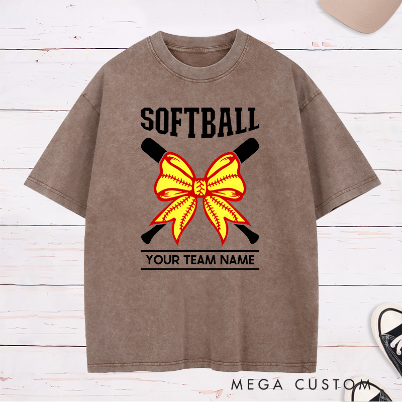 Personalized Softball Team Washed T-Shirt Design Featuring Customizable Team Name Striking Softball Bow Graphic and Crossed Bats