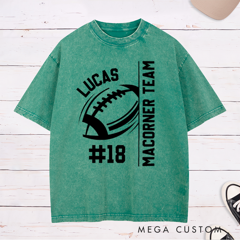 Personalized American Football and Rugby Design Washed T-Shirts Custom Mascot, Name and Number