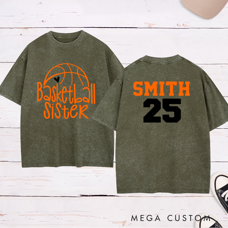 Personalized Washed T-Shirt Design Featuring "Basketball Sister" Graphic with Custom Name and Number for a Supportive and Stylish Look
