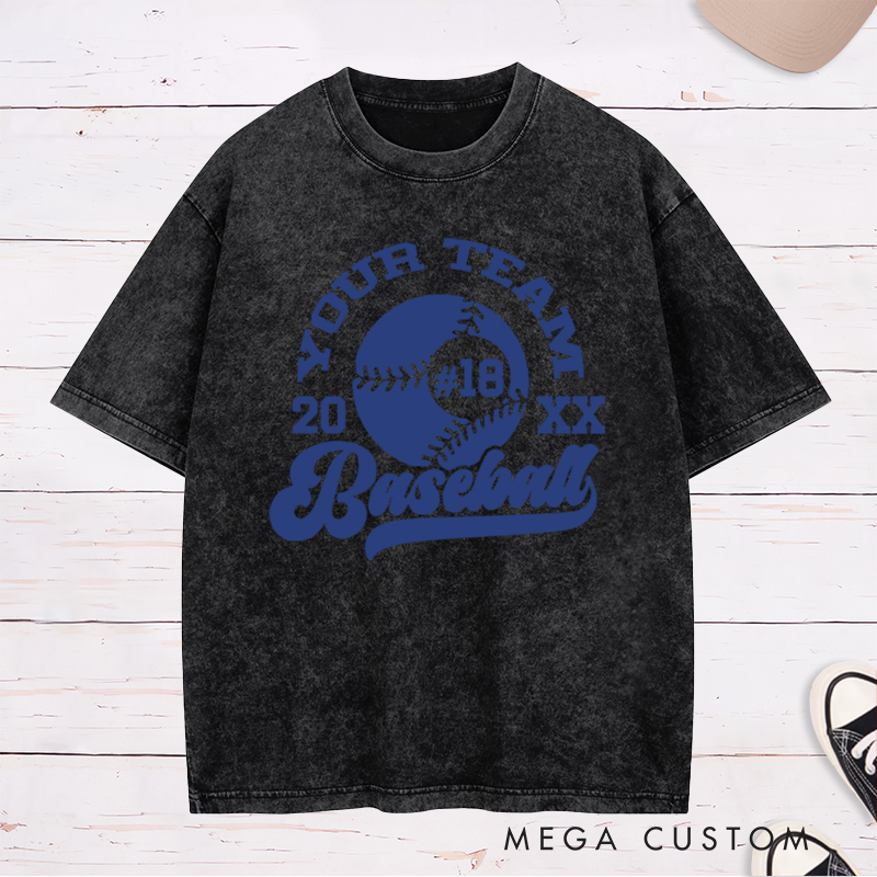 Personalized Baseball Washed T-Shirt with Custom Team Name, Player Number, and Year Design