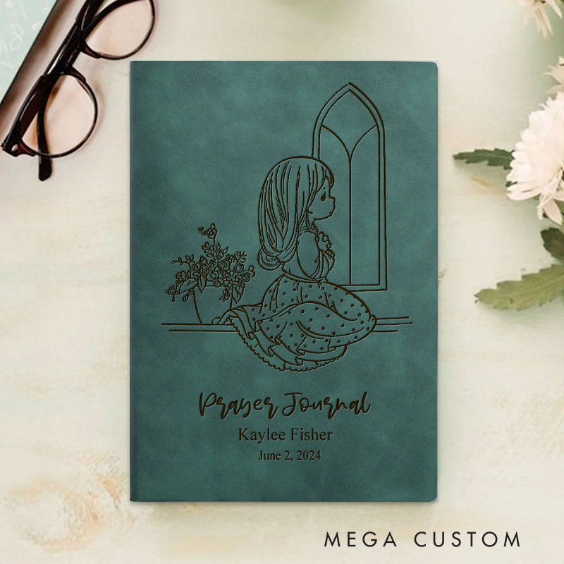 Personalized Little Girl at the Window Prayer Journal Leather A5 Notebook with Name and Date First Communion Birthday Gift for Girls