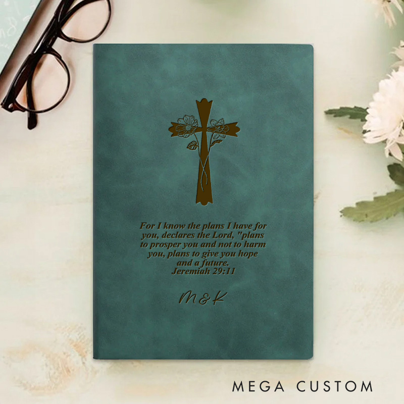 Personalized Engraved Cross Birth Flower Bible Verse Leather A5 Notebook with Name for Church Bible Study Christmas Easter Gift for Christian Prayer