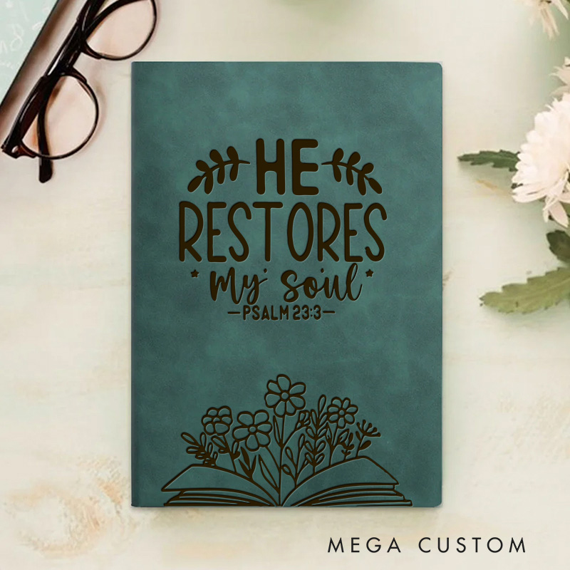 Personalized He Restores My Soul Prayer Journal Leather A5 Encouraging Faith Notebook Custom Inspirational Quote Journal Christian Gift Religious Gift