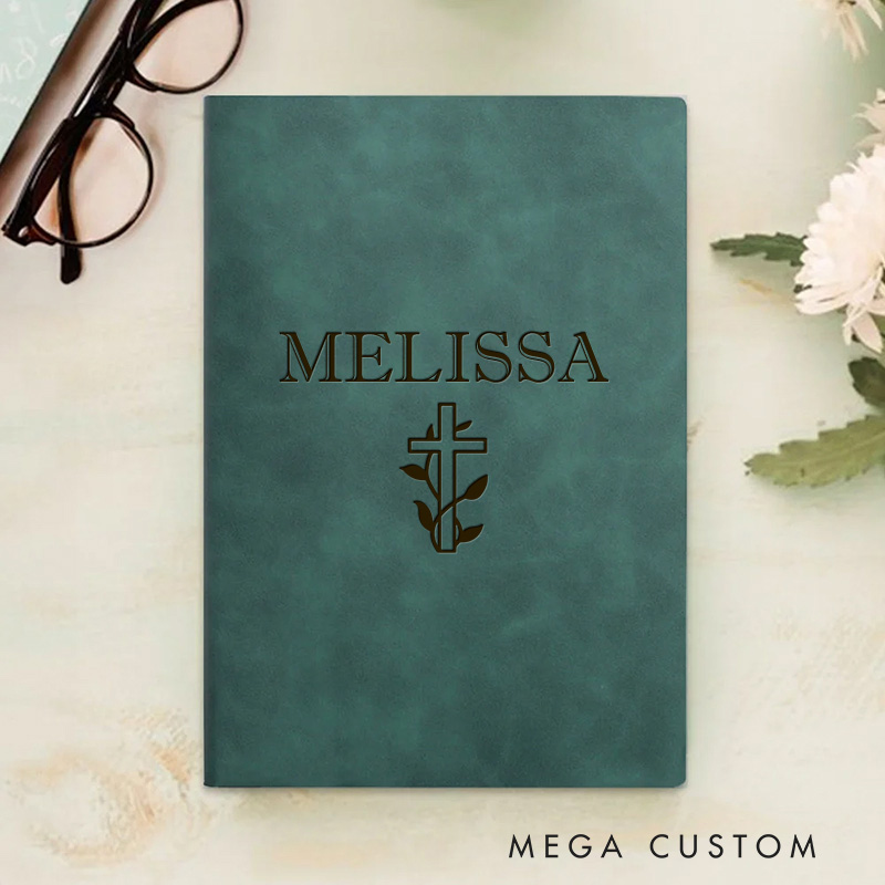 Personalized Cross with Leaves Prayer Journal Leather A5 Notebook with Name Religious Gift Birthday Gift for Christian Baptism & Christening Gift