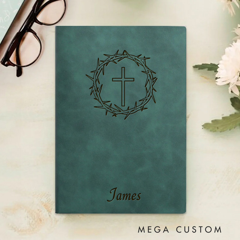 Personalized Cross and Thorns Journal Leather A5 Notebook with Name Religious Prayer Notebook Birthday Easter Christmas Gift for Christians