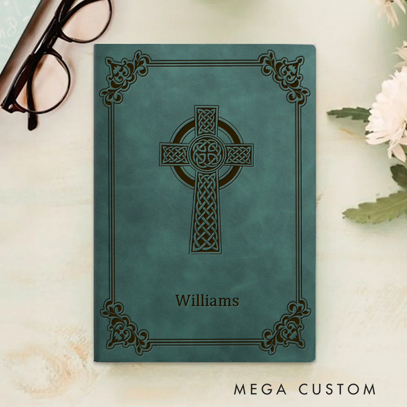 Personalized Celtic Cross with Elegant Decorative Border Prayer Journal Leather A5 Notebook with Name Religious Gift for Christians