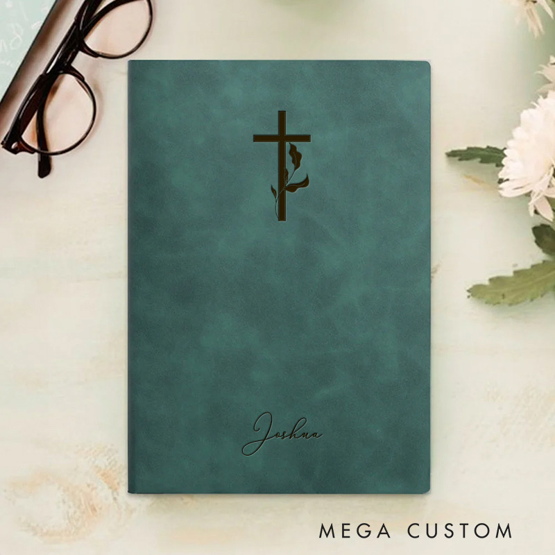 Personalized Cross with Leaves Prayer Journal A5 Leather Notebook with Name Religious Journal for Men Women Birthday Easter Christmas Gift for Christians