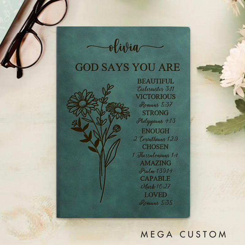 Personalized Floral God Says you are Prayer Journal A5 Leather Notebook with Name Religious Gift Birthday Gift for Christians