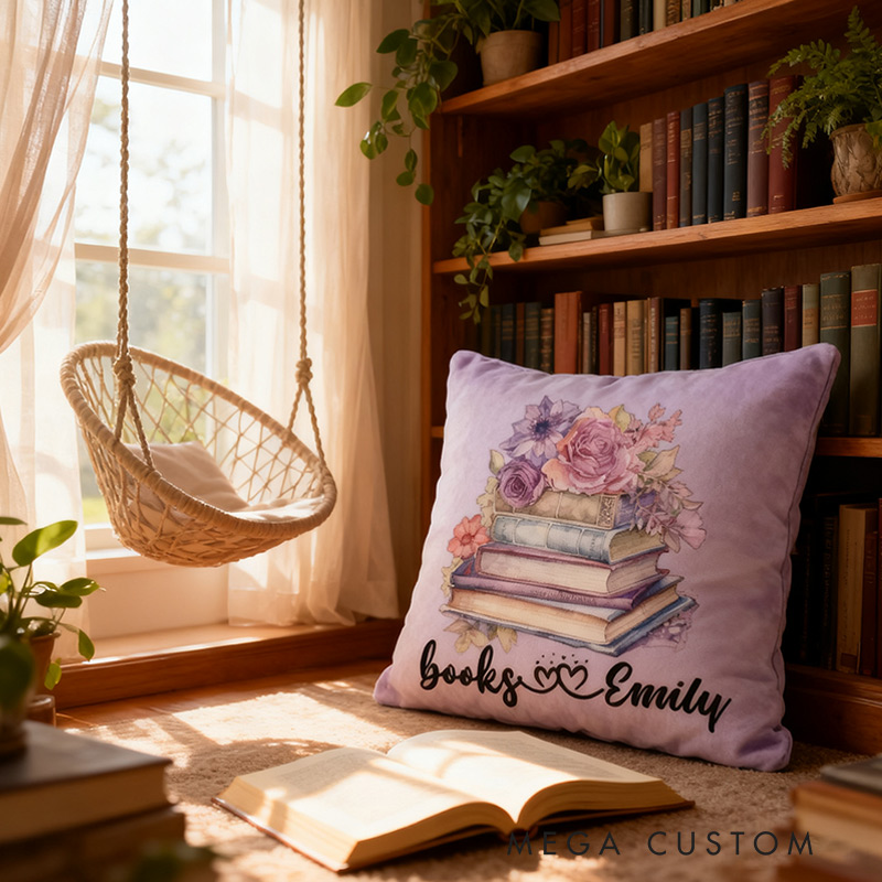 Personalized Flower Books Pillow Christmas Graphic 3D Watercolor Flowers and Books Custom Name Gift for Reading Lovers