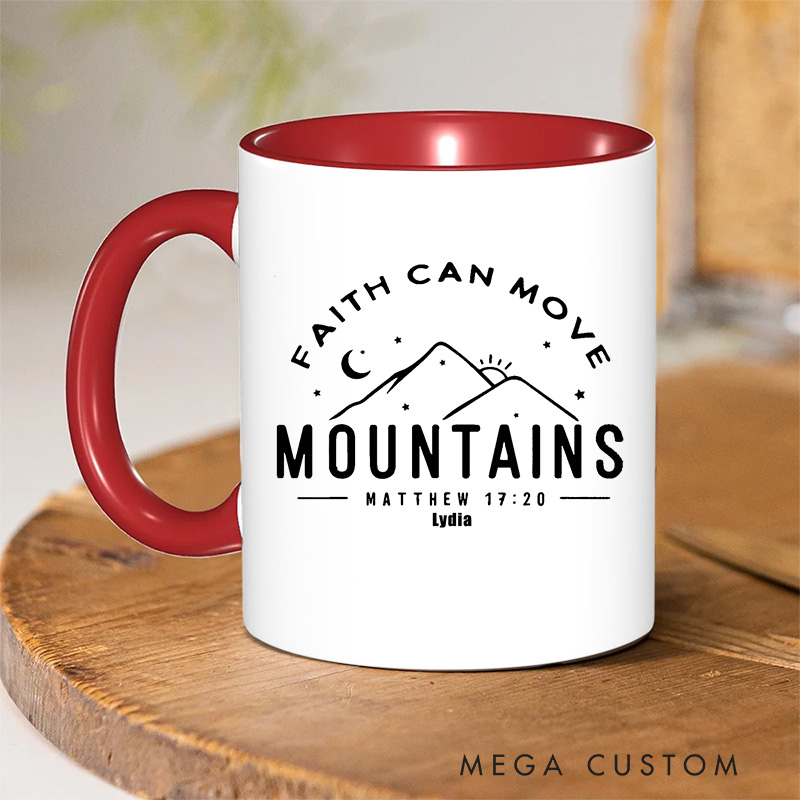 Personalized Faith Can Move Mountains Bible Verse Ceramic Inner Color Mug with Mountains and Stars Pattern Custom Name Mug Birthday Gift for Christians