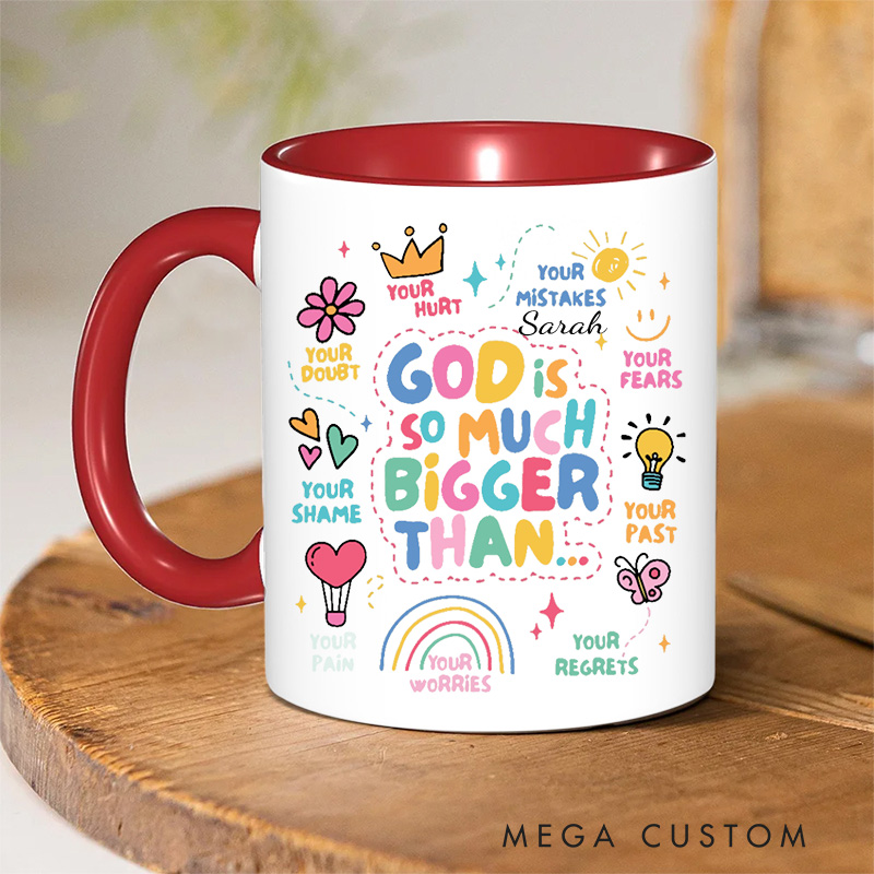 Personalized God Is Bigger Bible Verse Inner Color Ceramic Mug with Name Birthday Religious Inspirational Gift for Christian