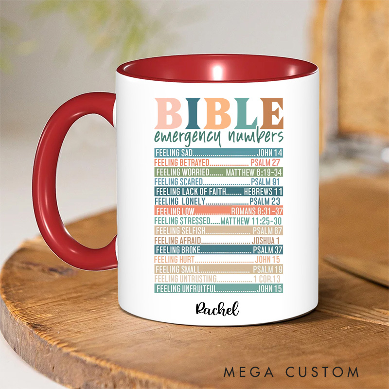 Personalized Multicolor Bible Emergency Numbers Ceramic Inner Color Mug with Name Religious Gift Birthday Gift for Women