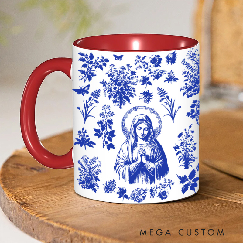 Personalized Catholic Virgin Mary Toile De Jouy 11oz Ceramic Mug with Name Our Lady Coffee Cup Vintage Floral Marian Mug Christian Gift for Women
