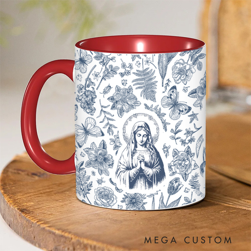 Personalized Catholic Virgin Mary Vintage Floral 11oz Ceramic Mug with Name Our Lady Coffee Cup Catholic Mug Marian Mug Christian Gift for Women