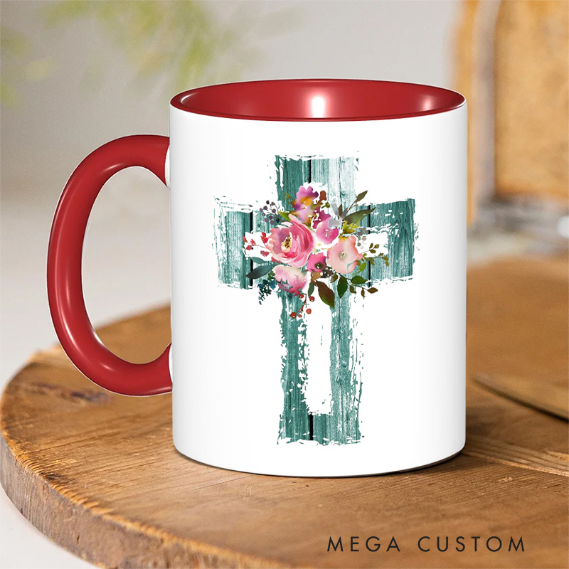 Personalized Pink Watercolor Florals and Teal Cross Christian Ceramic Inner Color Mug with Name Religious Gift Birthday Gift for Women