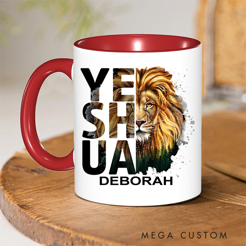 Personalized Bible Verse Classic Lion Imagery Christian Inner Color Ceramic Mug with Name Religious Gift Birthday Gift for Christian