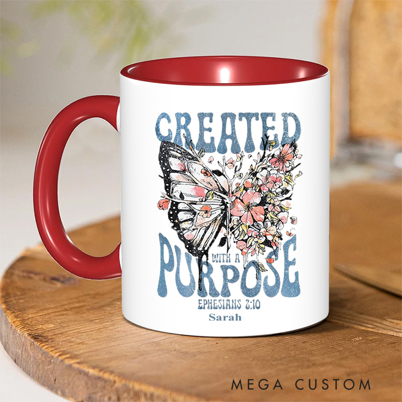 Personalized Created With a Purpose Bible Verse Christian Inner Color Ceramic Mug with Name Religious Gift Birthday Gift for Christian