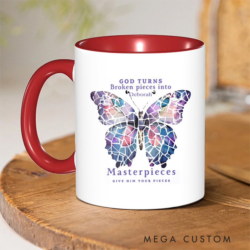 Personalized God Turns Broken Pieces Into Bible Verse Inner Color Ceramic Mug with Name Birthday Religious Inspirational Gift for Christian
