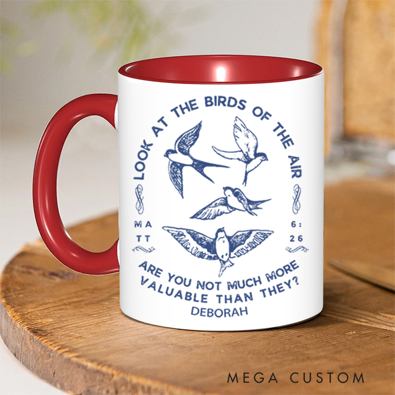 Personalized Matt 6:26 Bible Verse Inner Color Ceramic Mug with Name Birthday Christmas Gift for Christians Best Gift for Christians