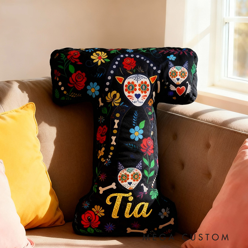 Personalized Funny Pillow Christmas Graphic 3D Print Cempasúchil Cat The Day of the Dead Holiday with Custom Name