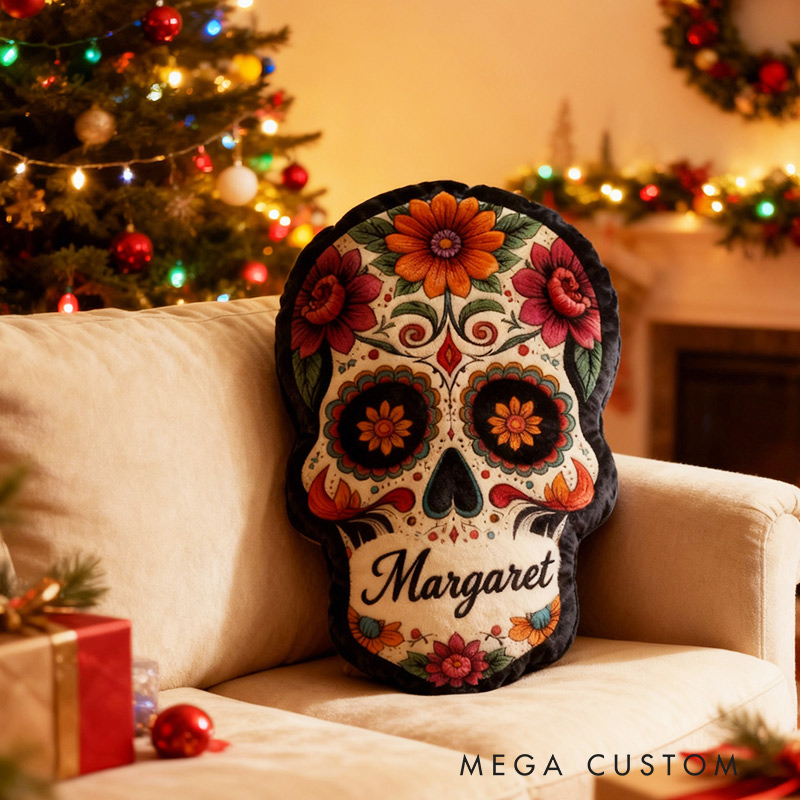 Personalized Funny Pillow Christmas Graphic 3D Print Floral Skull The Day of the Dead Holiday with Custom Name