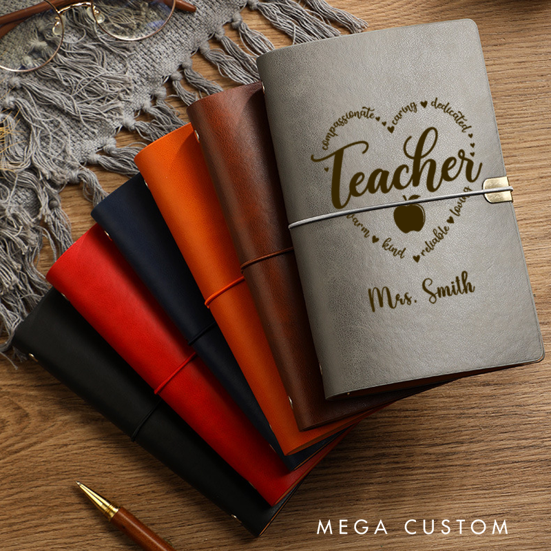 Personalized Teacher A6 Leather Wraparound Notebook Teacher Heart Design Appreciation Gift for Teachers
